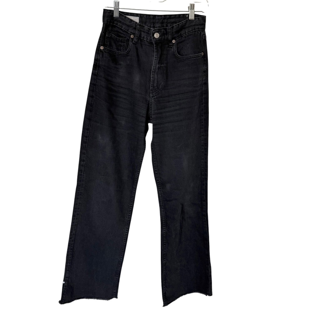 Zara Straight Leg Jeans Womens 4 Black Excellent‎ High Rise Raw Hem Denim